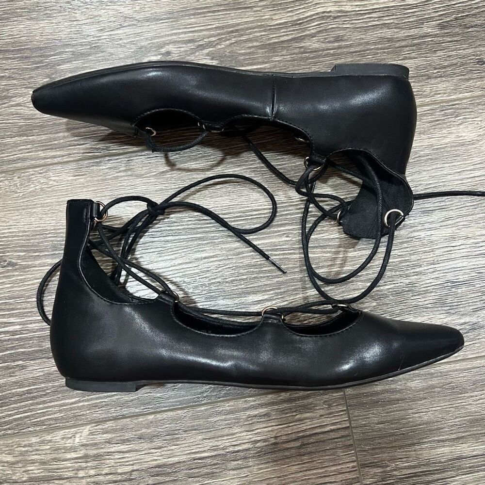 Topshop Ghillie Black Pointed Toe Lace Up Flats